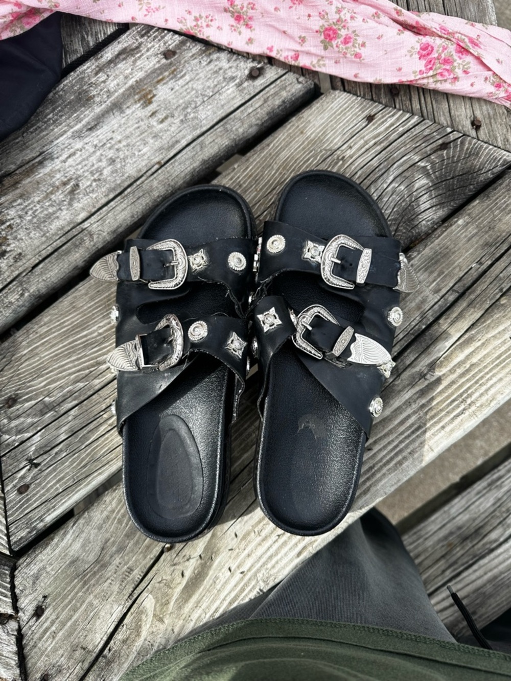 Black Double-Buckle Studded Slide Sandals